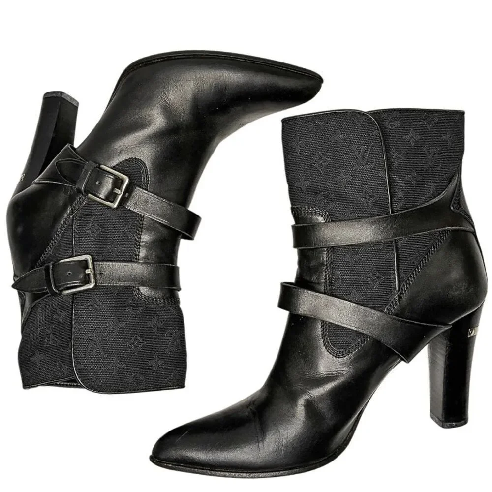 Louis Vuitton Monogram Logo Canvas + Leather Heeled Buckle Booties Black EU 36.5